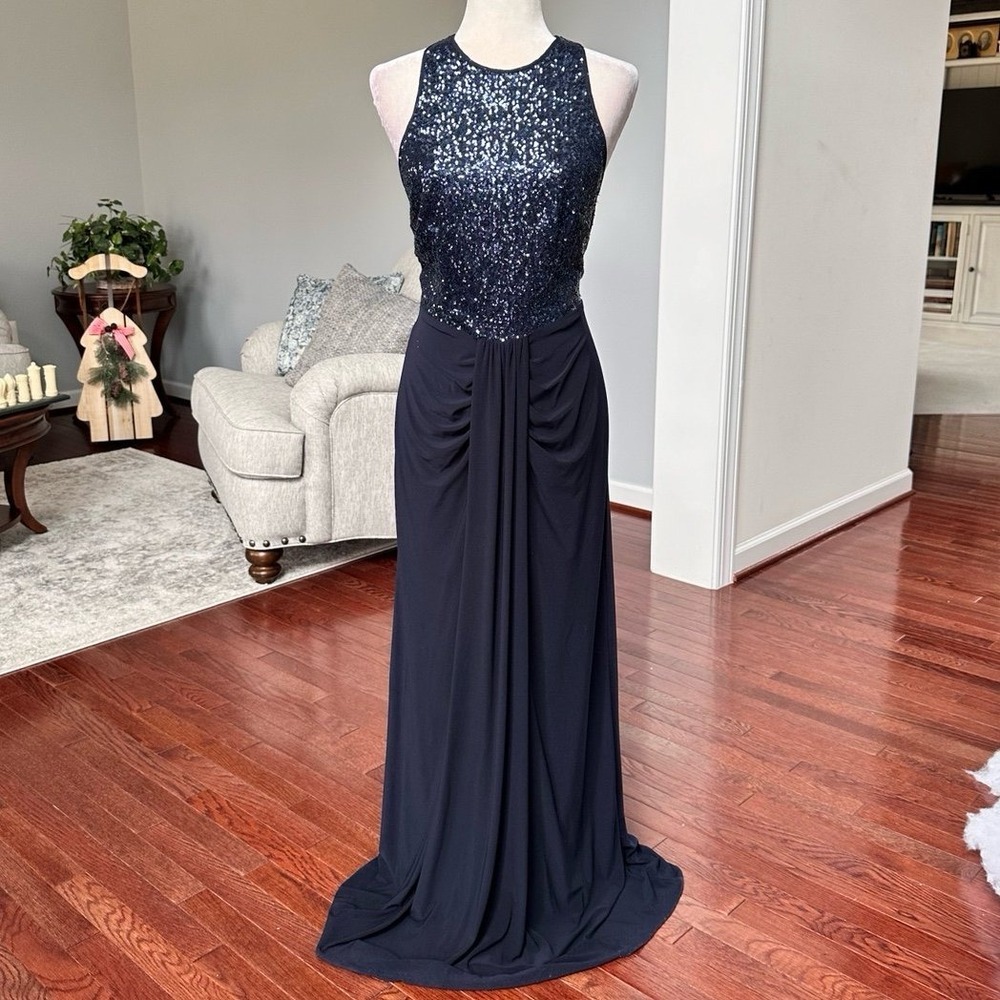 Cache High Neck Navy Blue Sequin Keyhole Back Goddess Draped Gown Dress
